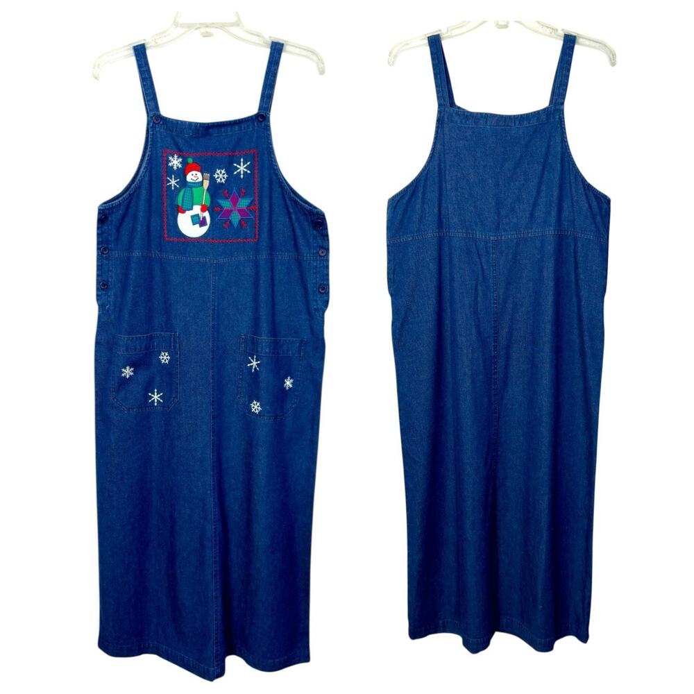 Vintage 90s Denim Maxi Jumper Dress PS Petites Snowman Embroidered Holiday